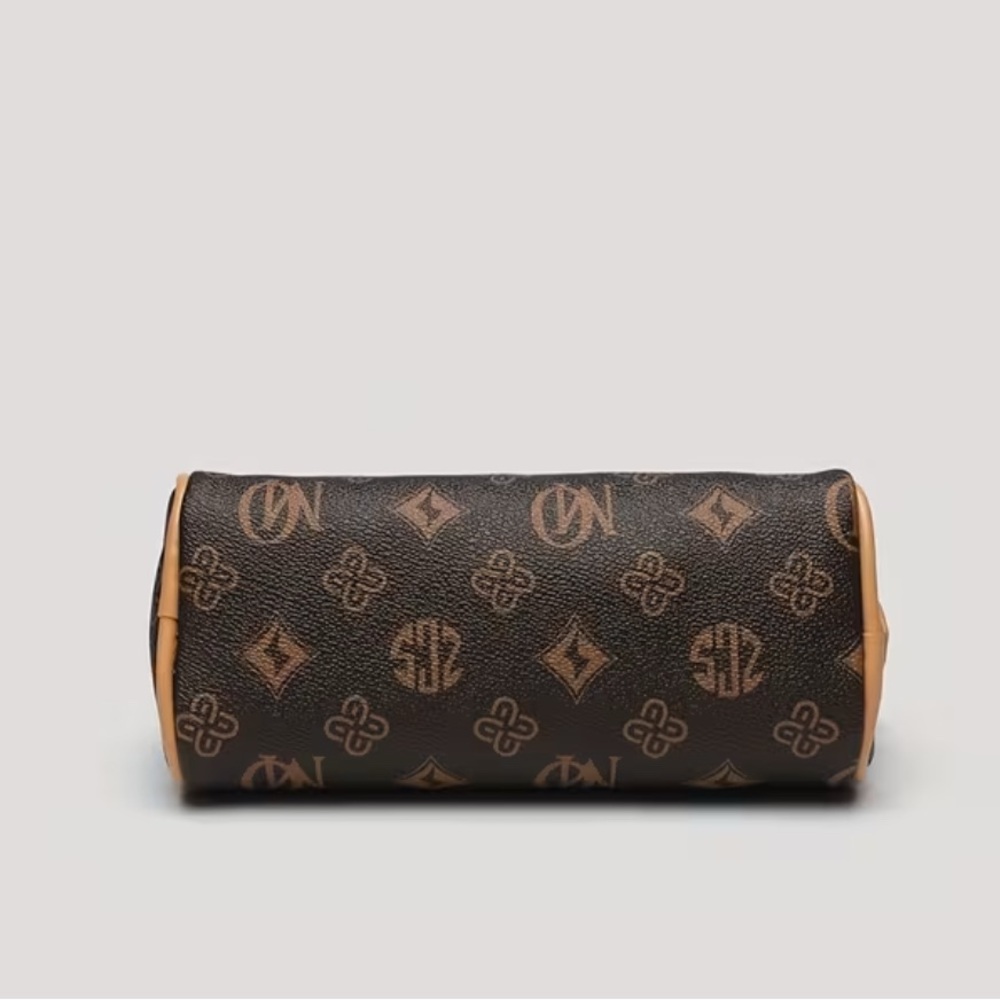 Brown Monogram Barrel Bag Designer Inspired with Puppy Charm & Golden-Tone NIP - Picture 7 of 13